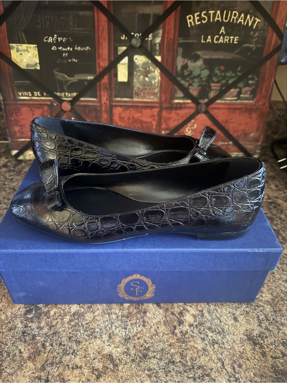 Sarah Flint Natalie Leather Embossed Pointed Ballet Flat - Black Size 8.5/39